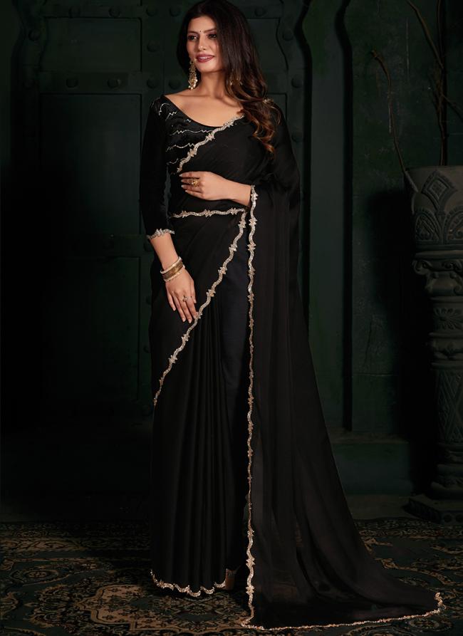 Satin Chiffon Black Party Wear Zircon Work Saree